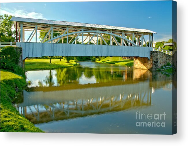 Halls Mill Covered Bridge Acrylic Print featuring the photograph Halls Mill Covered Bridge Reflections by Adam Jewell