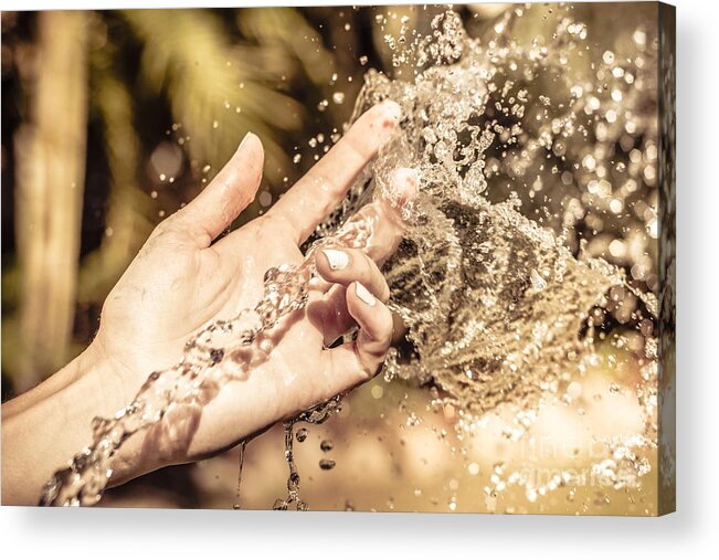 Sensory Acrylic Print featuring the photograph Hand of a woman catching water stream by Jorgo Photography