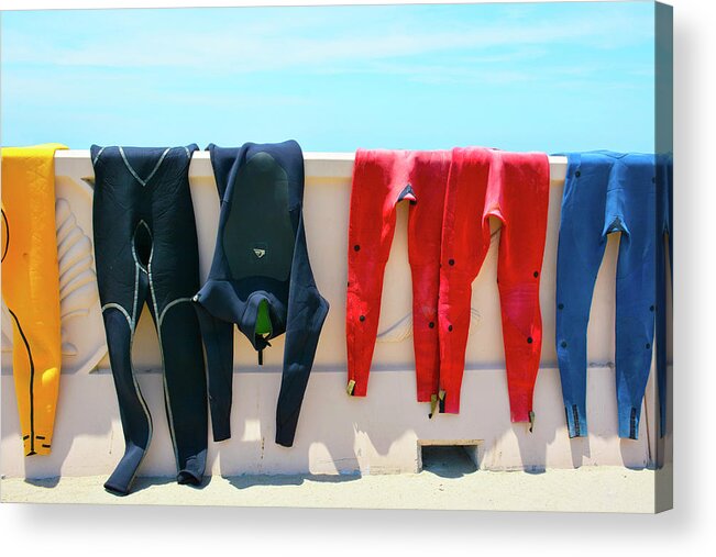 Wetsuits Surfer Colorful Beach Wall Sea Blue Sky Red Yellow Sport Water Ocean Waves Human Form Acrylic Print featuring the photograph Hang Ten by Jennifer Wright