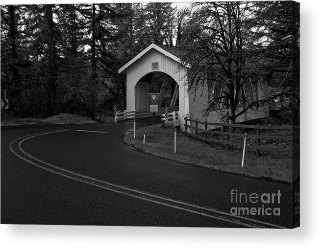 Black And White Acrylic Print featuring the photograph Hannah Covered Bridge - Black And White by Adam Jewell