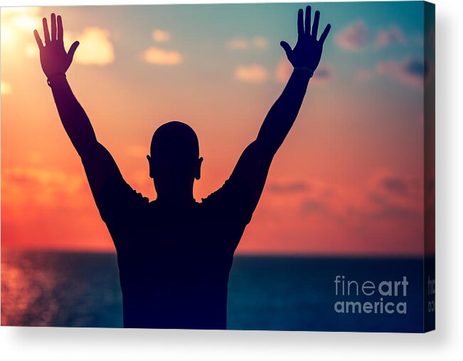 Action Acrylic Print featuring the photograph Happy man on the beach by Anna Om