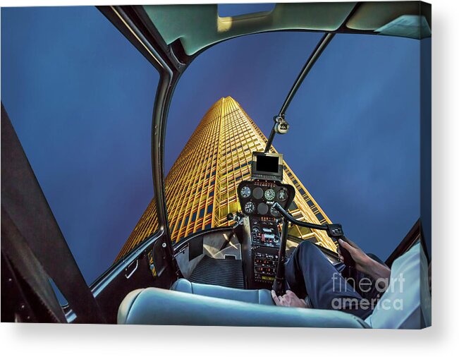 Hong Kong Acrylic Print featuring the photograph Helicopter on skyscaper facade by Benny Marty