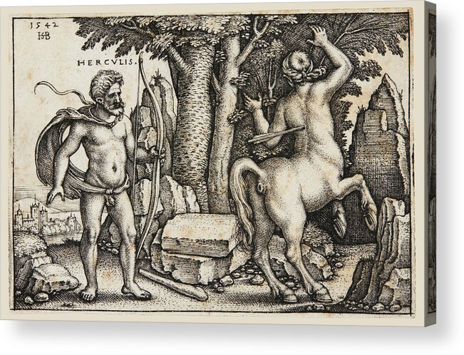 Sebald Beham Acrylic Print featuring the drawing Hercules shooting the Centaur Nessus by Sebald Beham