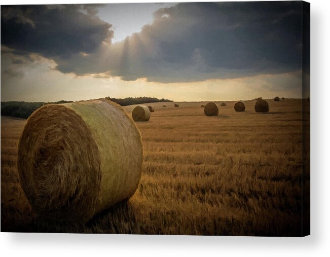 Field Acrylic Print featuring the photograph Hey Bales and Sun Rays by David Dehner
