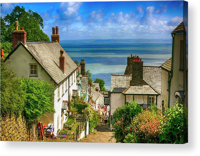 Whitewashed; White; Painted; Houses; Cobble; Stone Road; Hillside; Fishermens; Cottages; Clovelly; North; Devon; Buildings; Steep; Hill; Architecture; Historical; Place; Fishing; Village; Landmark; Summer; Tourist; Trade; Travel; Tourism; Popular; Location; Quaint; Picturesque; Old; Historic; English; England; Gb; Uk Acrylic Print featuring the photograph Hillside cottages in Clovelly, UK by Chris Smith