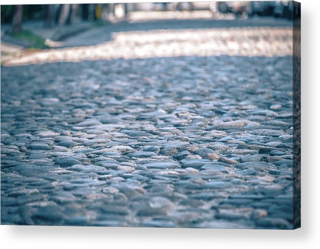 Background Acrylic Print featuring the photograph Historic Old River Rock Stone Paveres On Old Street by Alex Grichenko