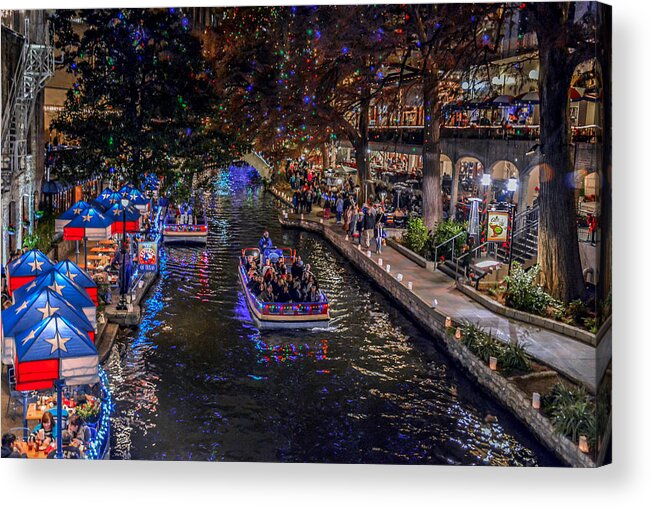 Tx Acrylic Print featuring the pyrography Holiday Barge by David Meznarich