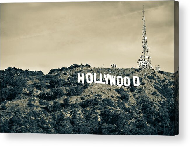 Hollywood Sign Acrylic Print featuring the photograph Hollywood Hills California - Los Angeles in Sepia by Gregory Ballos