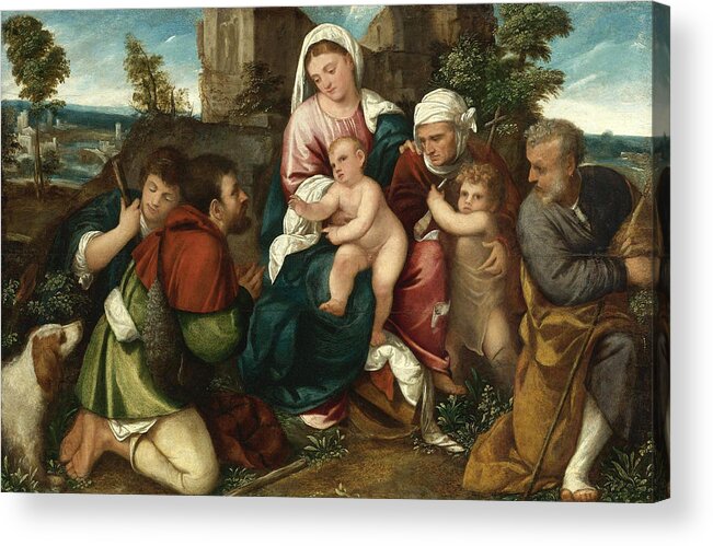 Bonifazio Veronese Acrylic Print featuring the painting Holy Family with Saint Elizabeth the Infant Saint John and two Shepherds by Bonifazio Veronese