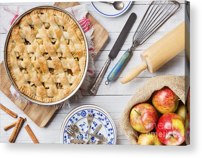 Apple Pie Acrylic Print featuring the photograph Homemade apple pie and ingredients on a rustic table by Sara Winter