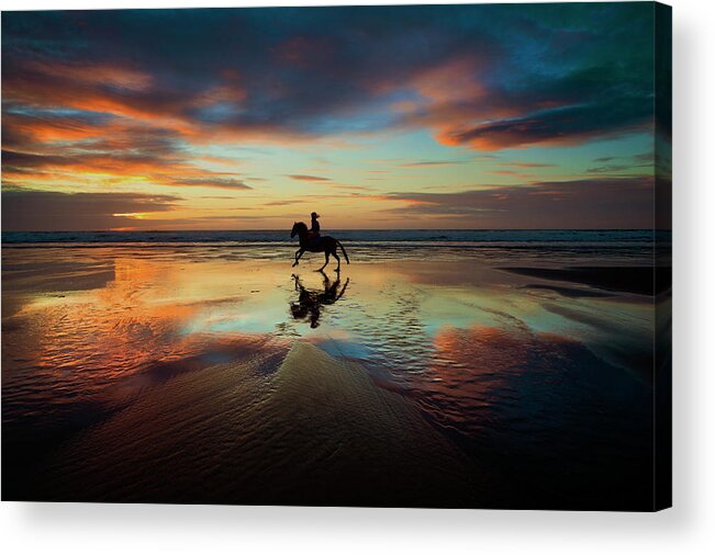 Horse Acrylic Print featuring the photograph Horse Rider reflections at Widemouth Beach by Maggie Mccall