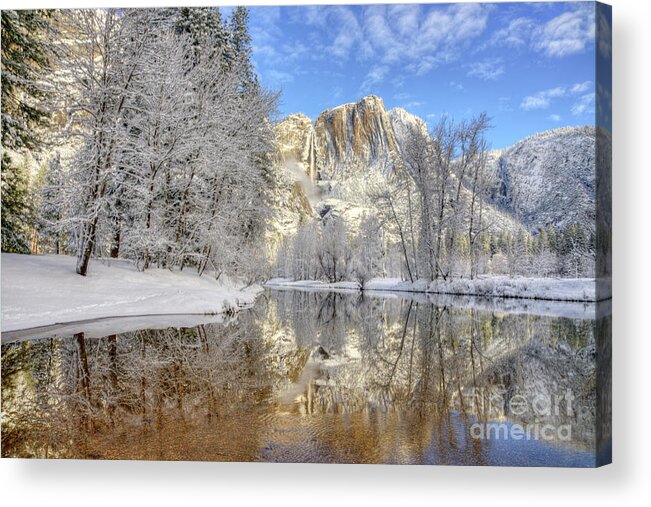 Yosemite National Park Acrylic Print featuring the photograph Horsetail Fall Reflections Winter Yosemite National Park by Wayne Moran