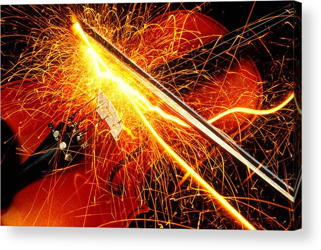 Violin Sparks Flying Bow Music Acrylic Print featuring the photograph Hot Violin by Garry Gay