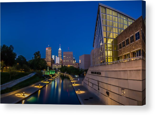 Art Acrylic Print featuring the photograph Indianapolis Skyline from the Canal at Night by Ron Pate