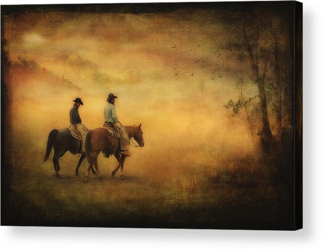 Cowboys Acrylic Print featuring the photograph Into the Mist by Priscilla Burgers