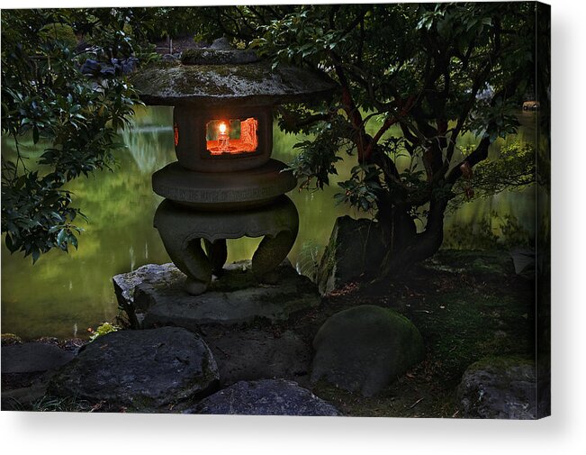 Garden Acrylic Print featuring the photograph Japanese Lantern at the edge of the pond by John Christopher