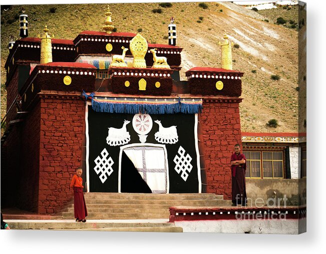 Tibet Acrylic Print featuring the photograph Monks and buddhist monastery Tibet Yantra.lv by Raimond Klavins
