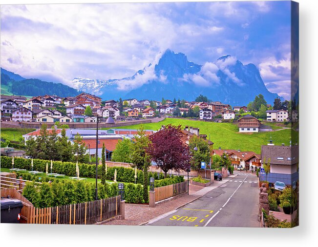 Kastelruth Acrylic Print featuring the photograph Kastelruth and Schlern peak in Alps landscape view by Brch Photography