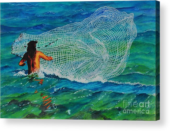Fisherman Acrylic Print featuring the painting Kauai Fisherman by John W Walker