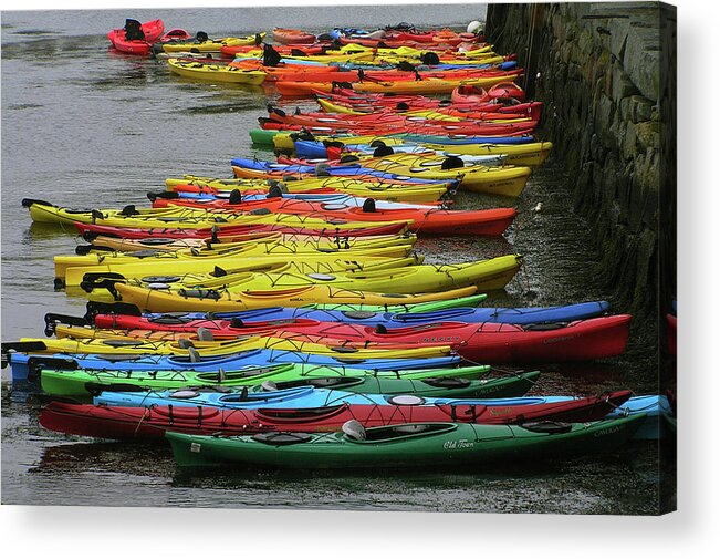 It's A Rainbow Of Kayaks! Acrylic Print featuring the photograph Kayaks by Cheryl Day