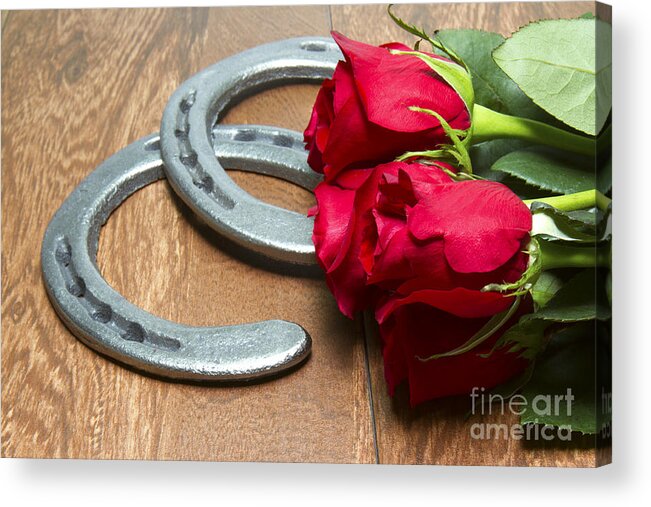 Kentucky Derby Acrylic Print featuring the photograph Kentucky Derby Red Roses with Horseshoes on Wood by Karen Foley