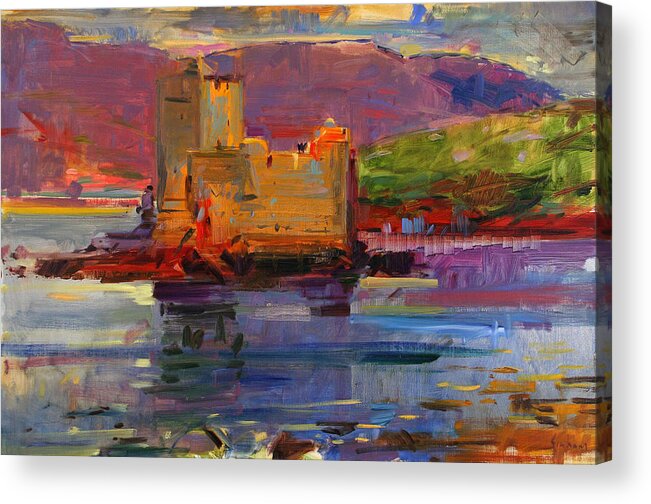Castlebay Acrylic Print featuring the painting Kisimul Castle and Vatersay by Peter Graham