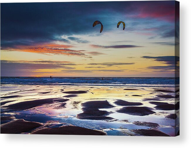 Widemouth Acrylic Print featuring the photograph Kite Surfing, Widemouth Bay, Cornwall by Maggie Mccall