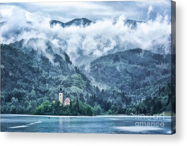 Painterly Acrylic Print featuring the photograph Lake Bled in Clouds by Norman Gabitzsch