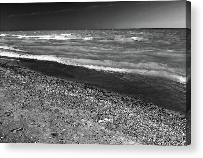Lake Huron Acrylic Print featuring the photograph Lake Huron Windy Day BW by Mary Bedy