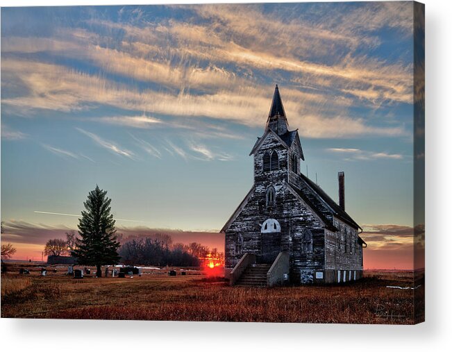 Church Abandoned Rural Lutheran Prairie Horizontal Sunset Landscape Acrylic Print featuring the photograph Sunset at the Big Coulee Lutheran Church by Peter Herman