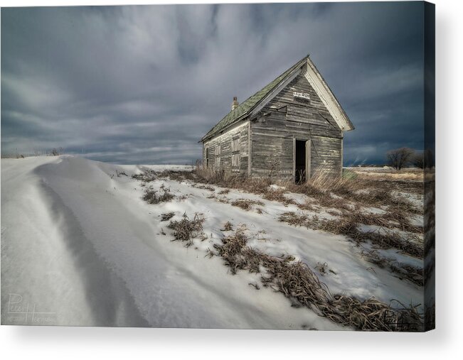 Abandoned Schoolhouse School Rural One Room School Nd North Dakota Snow Winter Scenic Landscape Horizontal Acrylic Print featuring the photograph Lake Ibsen Schoolhouse by Peter Herman