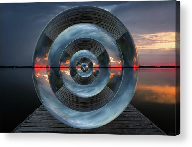 Lake Wisconsin Wi Dock Sunrise Sunset Abstract Shape Sphere Mirror Infinity Perspective Water Sky Acrylic Print featuring the photograph Lake Kegonsa to Infinity by Peter Herman