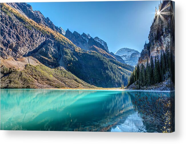 Lake Louise Acrylic Print featuring the photograph Lake Louise Sunburst by Pierre Leclerc Photography