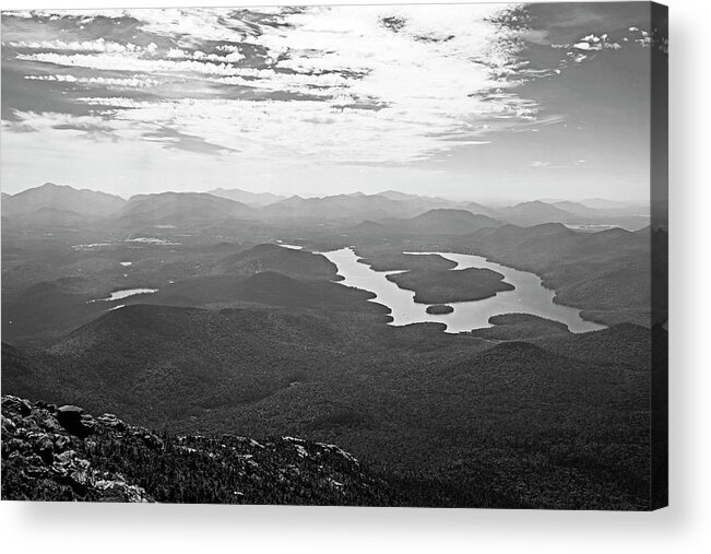 Placid Acrylic Print featuring the photograph Lake Placid from Whiteface Mountain Adirondacks Upstate New York Wilmington Black and White by Toby McGuire