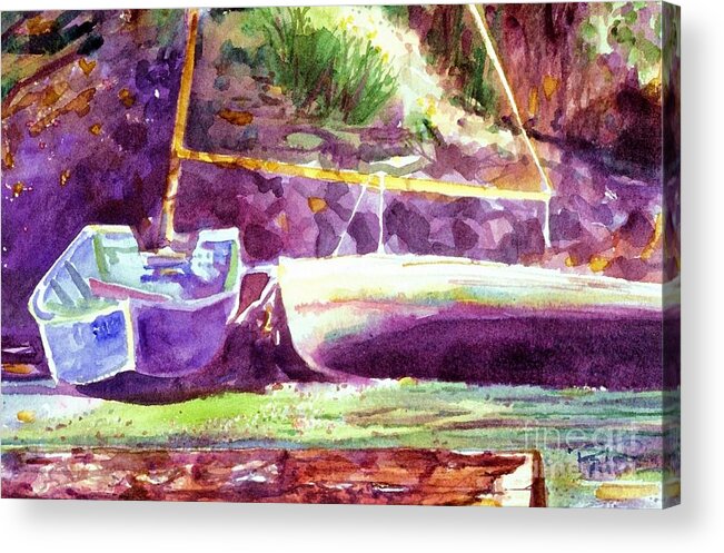 Cynthia Pride Watercolor Paintings Acrylic Print featuring the painting Landed Boats by Cynthia Pride