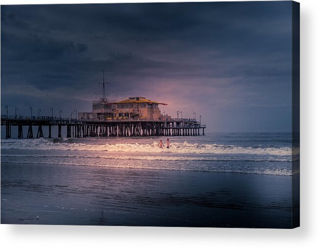 Santa Monica Pier Acrylic Print featuring the photograph Late Evening Swim by Gene Parks