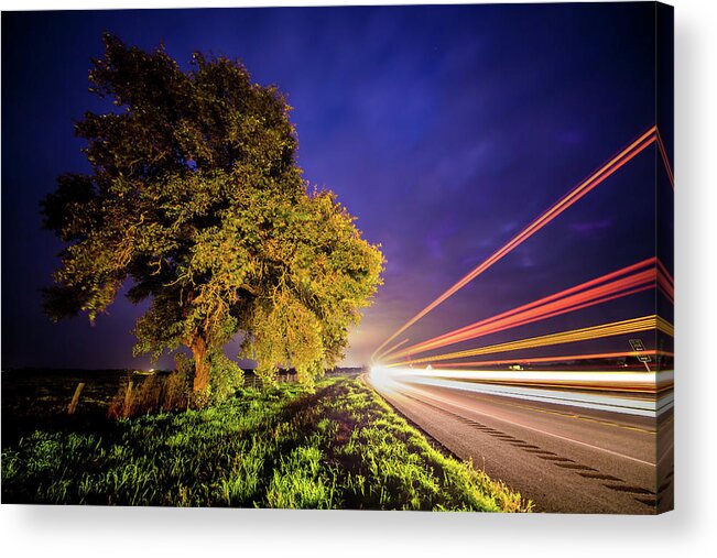 Late Acrylic Print featuring the photograph Late Night Texas Country Road Traffic Light Trails by Micah Goff