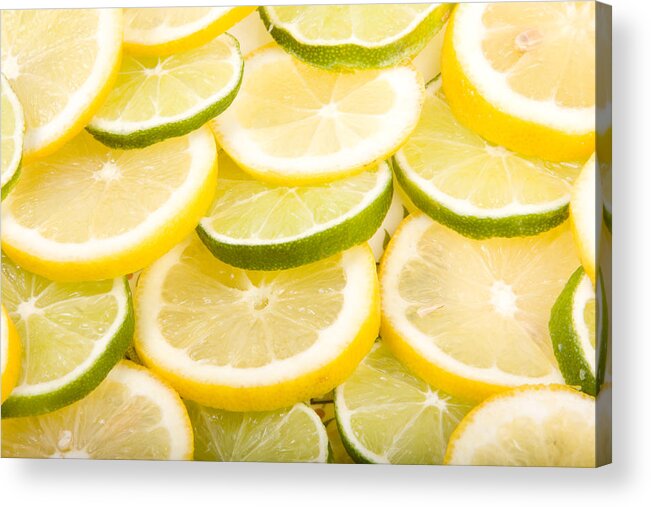 Lemons; Citrus; Citrus Fruit; Citrus Fruits; Close Up; Cross Section; Culinary; Food; Fruit; Fruits; Green; Key Lime; Key Limes; Lime; Limes; Slice; Sliced; Slices; Group; Sour Acrylic Print featuring the photograph Lemons and Limes by James BO Insogna