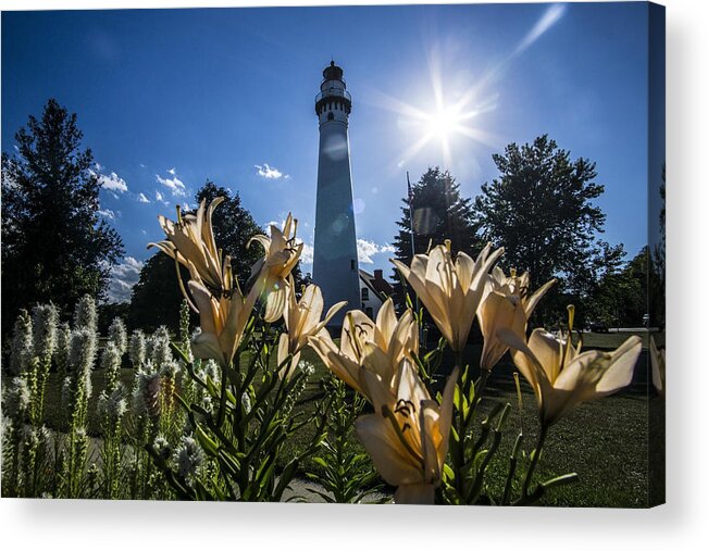Wind Point Lighthouse Acrylic Print featuring the photograph Lighthouse with a flowery foreground by Sven Brogren