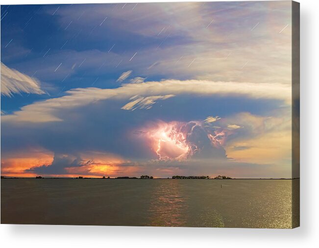 Storm Acrylic Print featuring the photograph Lightning at Sunset with Star Trails by James BO Insogna