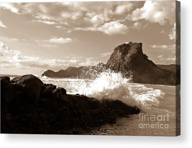 Piha Acrylic Print featuring the photograph Lion Rock on Piha Beach, New Zealand by Yurix Sardinelly