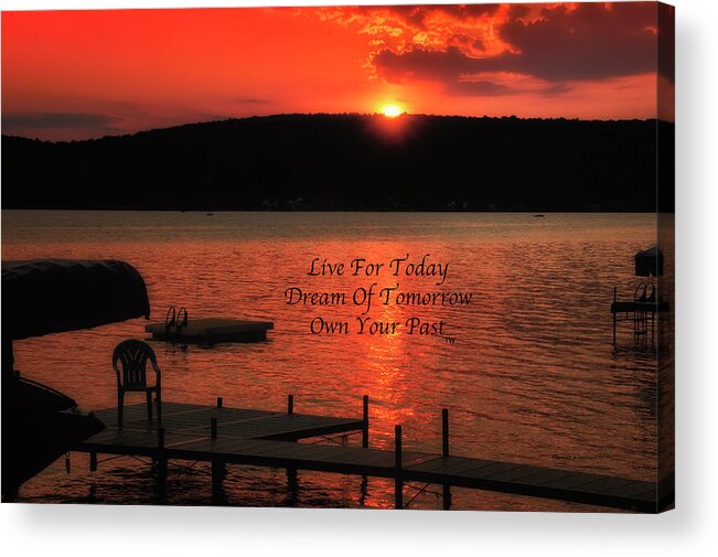 Sunset By The Dock Acrylic Print featuring the photograph Live Dream Own Sunset By The Dock Text by Thomas Woolworth