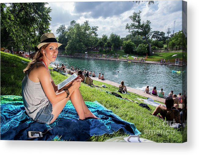Earbud Acrylic Print featuring the photograph Local Austin woman listens to music with earbuds and surfs the w by Dan Herron