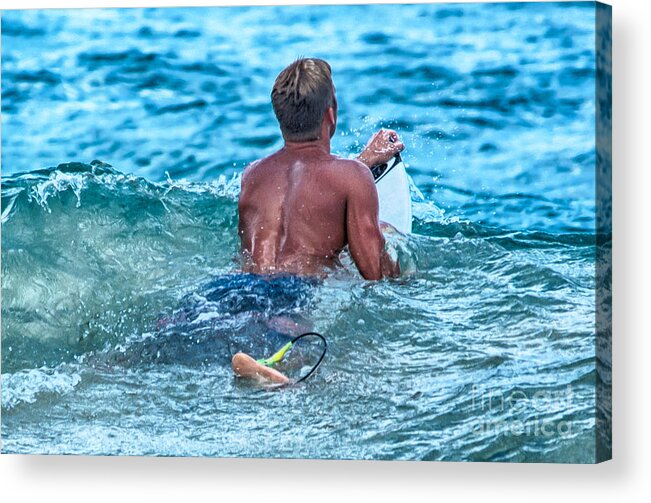 A Surfer Waits And Looks For The Next Wave To Ride. Acrylic Print featuring the photograph In The Lineup by Eye Olating Images