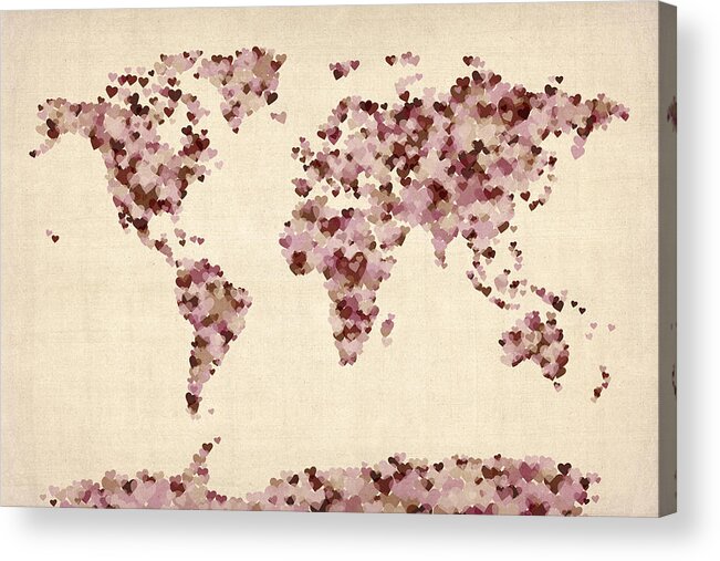 World Map Acrylic Print featuring the digital art Love Hearts Map of the World Map by Michael Tompsett