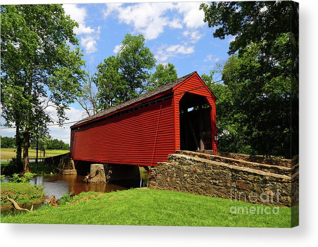 Covered Bridge Acrylic Print featuring the photograph Loys Station Covered Bridge Frederick County Maryland by James Brunker