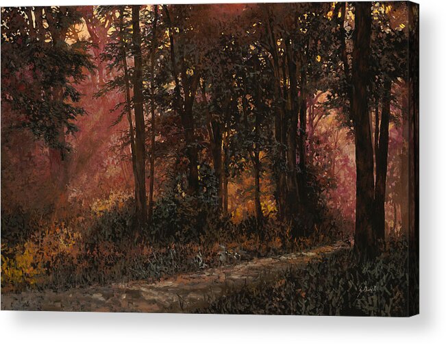 Wood Acrylic Print featuring the painting Luci Rosa Nel Bosco by Guido Borelli