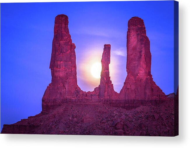 Monument Valley Acrylic Print featuring the photograph Luna and the Three Sisters by Jen Manganello