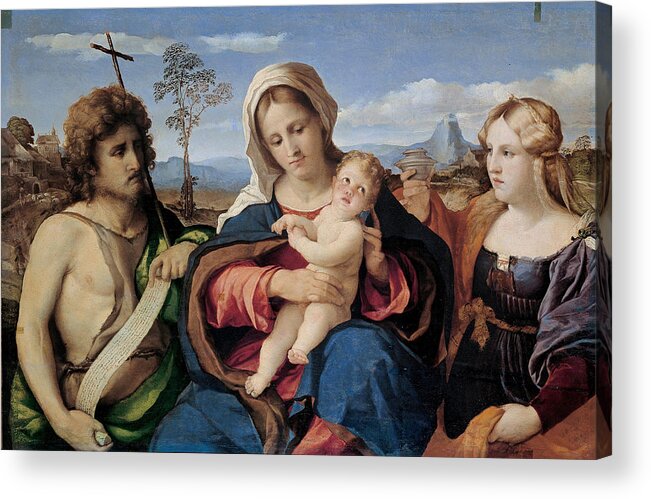 Palma Vecchio Acrylic Print featuring the painting Madonna and Child with Saint John the Baptist and Magdalene by Palma Vecchio