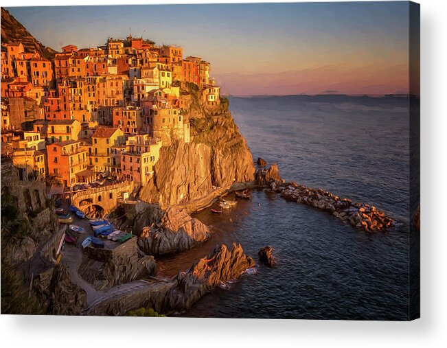 Cinque Terre Acrylic Print featuring the photograph Manarola Dusk Cinque Terre Italy Painterly by Joan Carroll